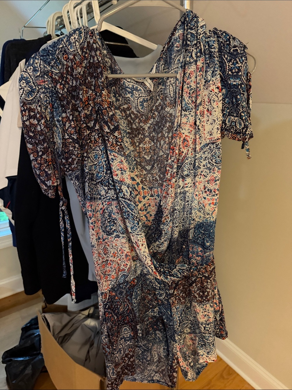BCBGeneration Blue and White Paisley Surplice Tunic
